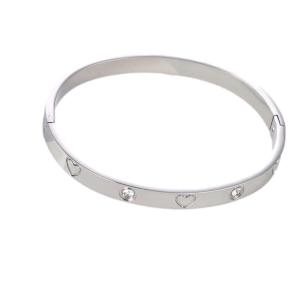 Stainless Steel Bangle with Cubic Zirconia & Engraved Hearts